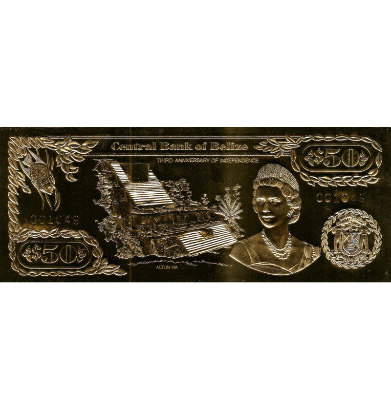 Belice 50 Dólares 1984 ND (Laminados en Oro) Serial 4 dígitos